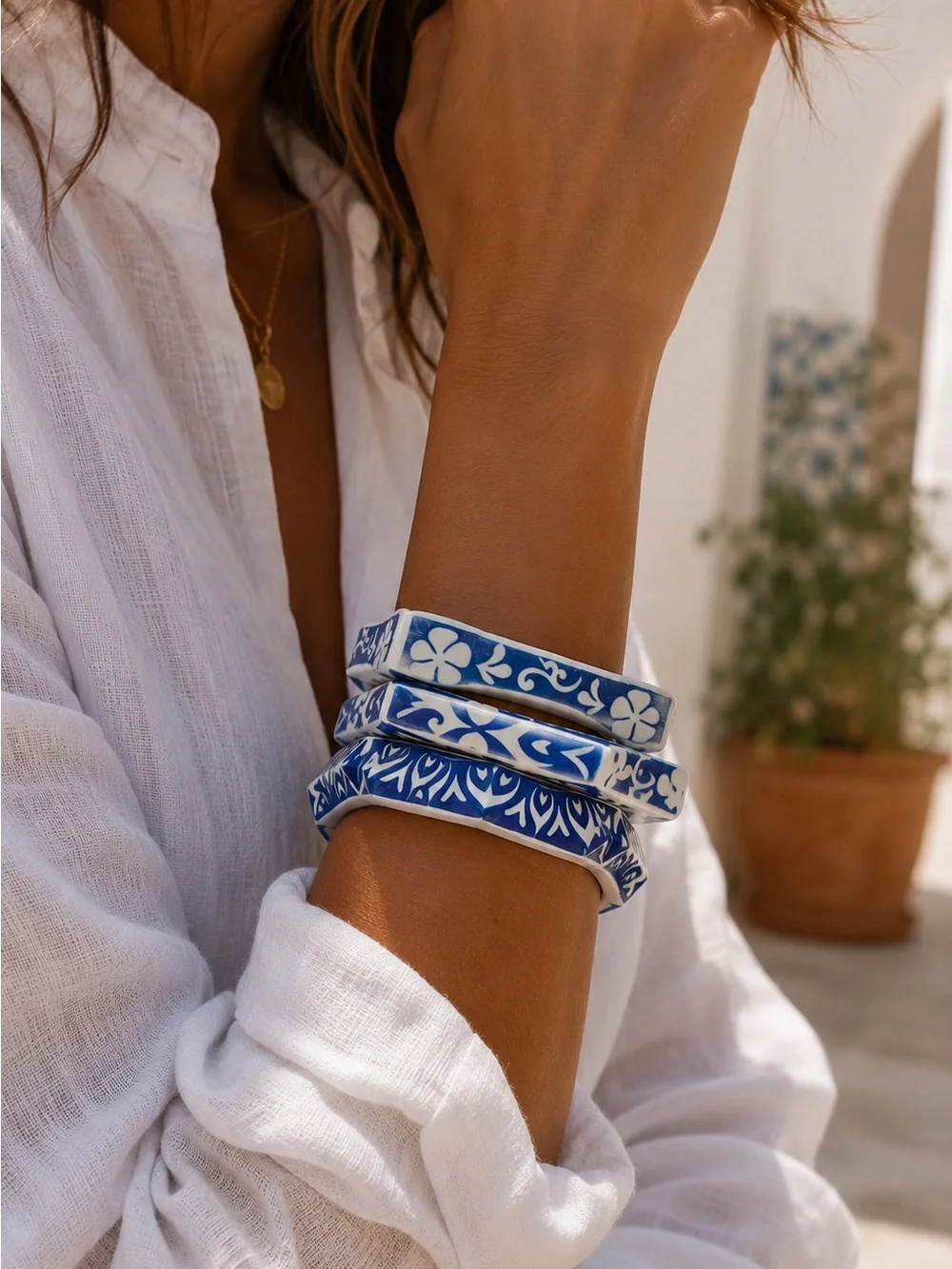 NWT | Piper.K Blue & White Ceramic-Inspired Bangle Set